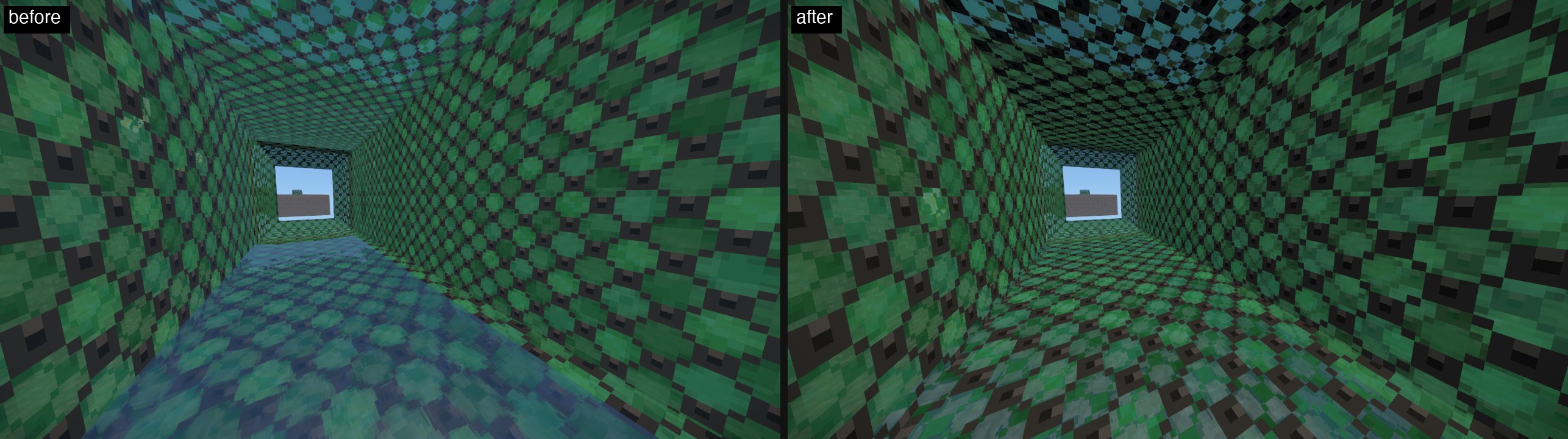Inside a stained-glass tunnel through a tank of water: before, the water under the floor washes over the glass; after, every wall of the tunnel is crisp