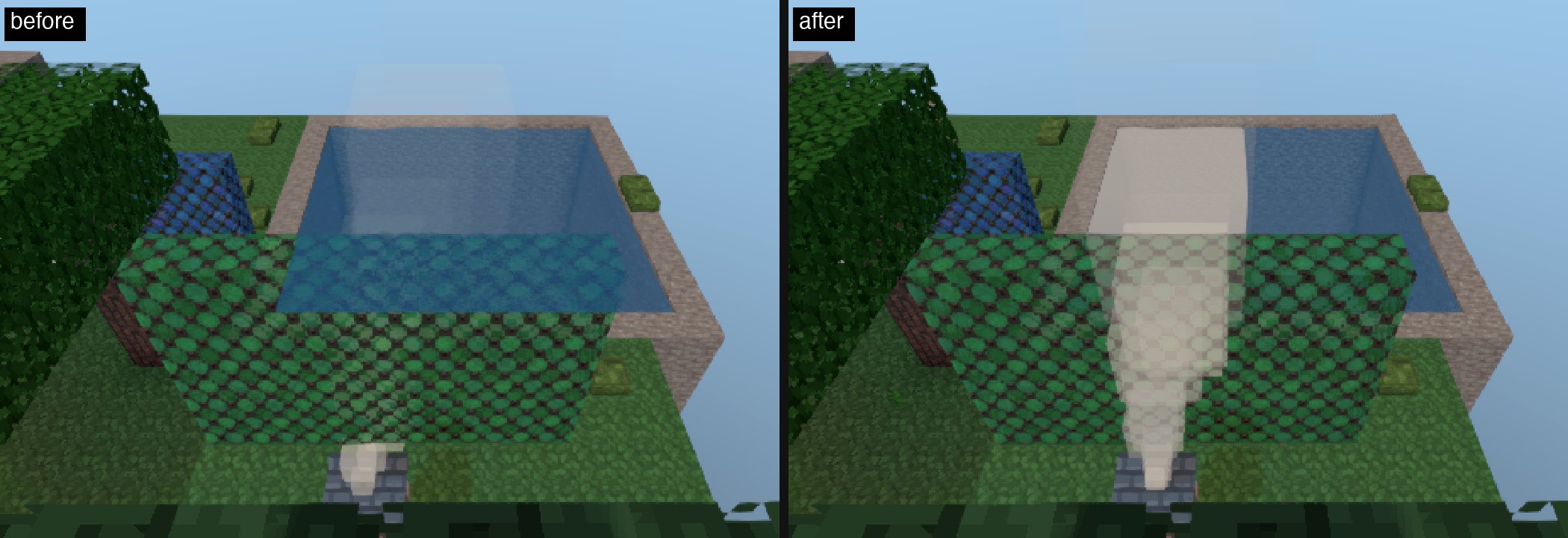 A chimney at the foot of a stained-glass wall with a pool behind it: before, the pool is pasted over the glass and the smoke is hidden behind the wall; after, the smoke rises in front of the glass and the pool shows through it